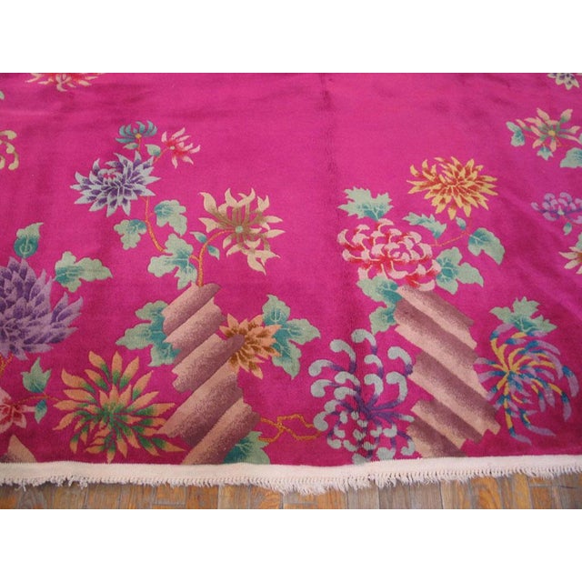 Fancy Pink Background Color With Special Floral Pattern Antique Chinese Art Deco Rug For Sale - Image 4 of 7