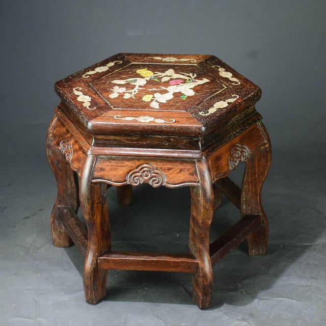 Brown Vintage Chinese Huali Rosewood Hexagonal Stool | Mother-of-Pearl Inlaid Bird & Flower Motif For Sale - Image 8 of 9