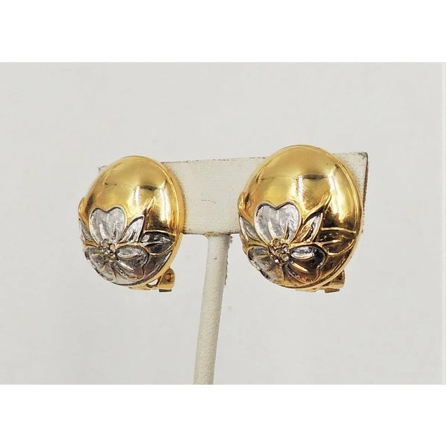 Vintage 1980s Valentino Goldtone & Rhodium Plate Rhinestone Flower Clip Earrings - 2 Pieces For Sale - Image 9 of 9