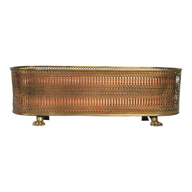 Vintage Oval Elongated Footed Brass and Copper Reticulated Planter W/ Paw Feet For Sale