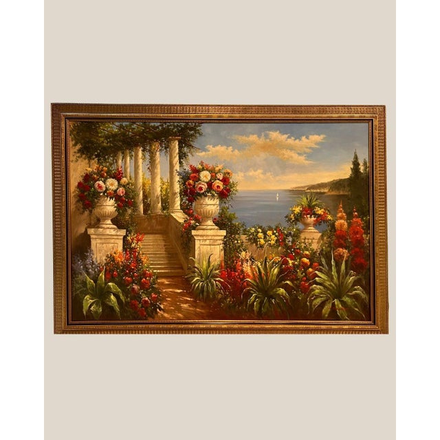 Renaissance XL Framed Vintage Floral Landscape Oil Painting For Sale - Image 3 of 13