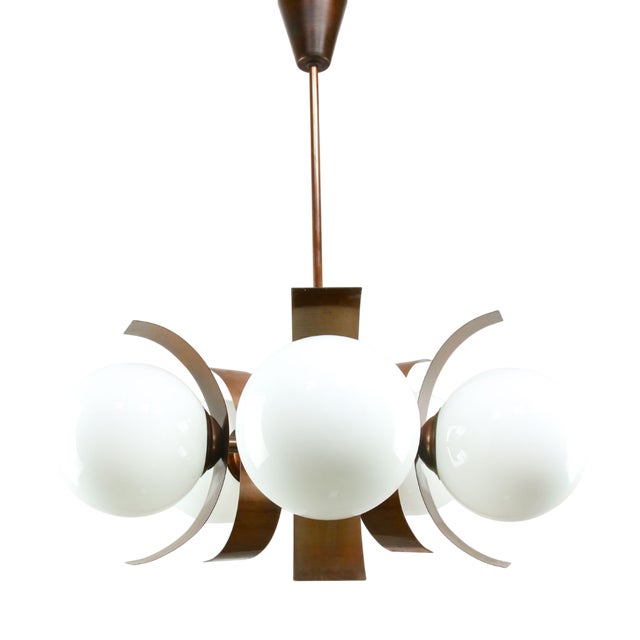Vintage Italian Copper and Opaline Chandelier, 1970s For Sale