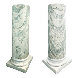 19th Century Handmade Green and White Marble Columns, Italy, Set of 2 For Sale