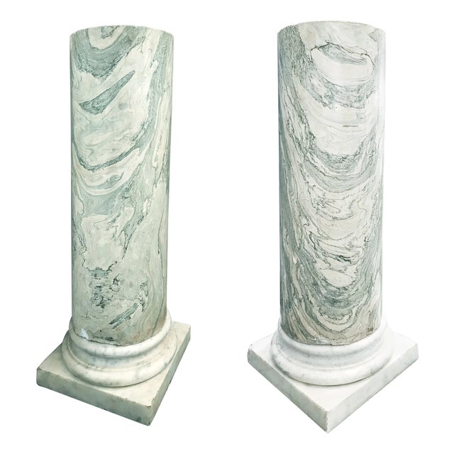 19th Century Handmade Green and White Marble Columns, Italy, Set of 2 For Sale