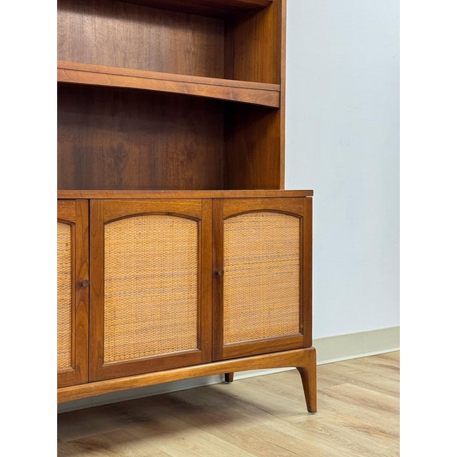 Wood Vintage Lane MCM Hutch Rhythm Cane Door Bookcase Display China Cabinet Shelving For Sale - Image 7 of 17