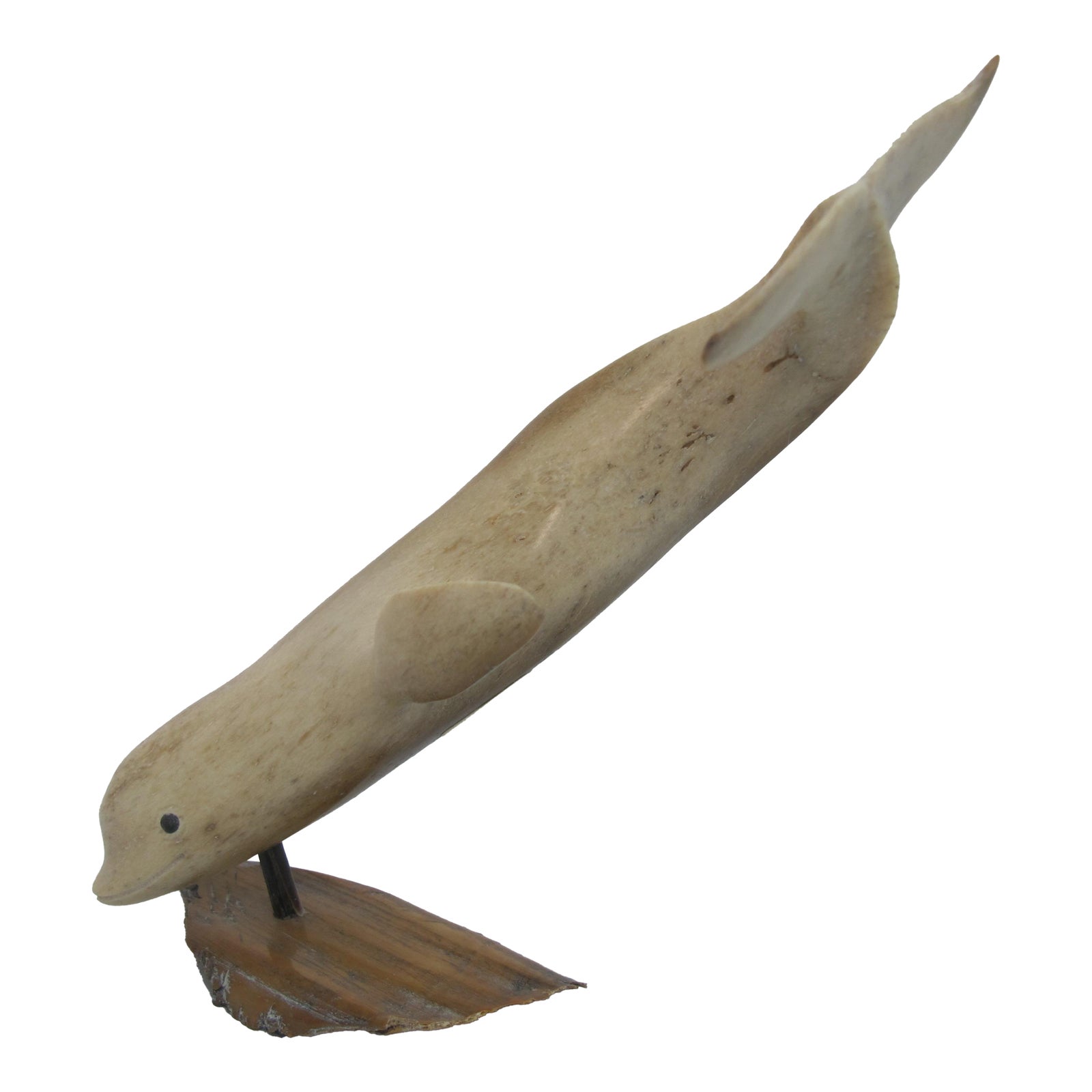 Canadian Inuit Diving Beluga Whale Carved Bone Sculpture on Base Signed ...