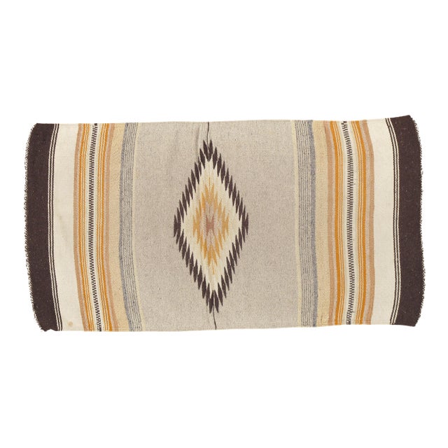 Vintage Mexican Handwoven Rug Blanket C 1940 Diamond Motif Wool Textile, 2'x3'6" For Sale