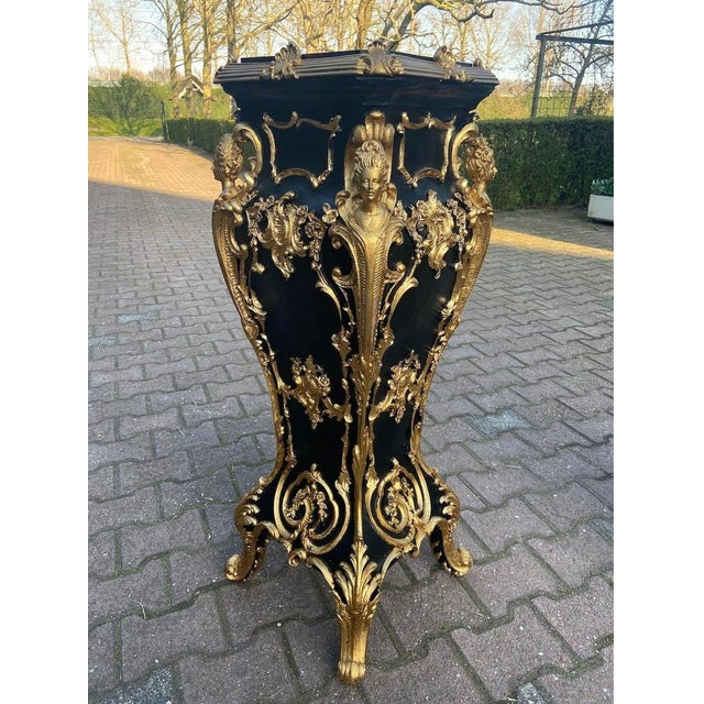 Pair 1990 Italian Baroque Black Gold Pedestals W/ Marble Effect Tops – 2 Pieces For Sale - Image 12 of 15