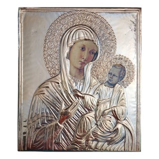Icon Depicting the Virgin and Child, Painting on Panel with Repoussé Silver Layer, 19th Century For Sale