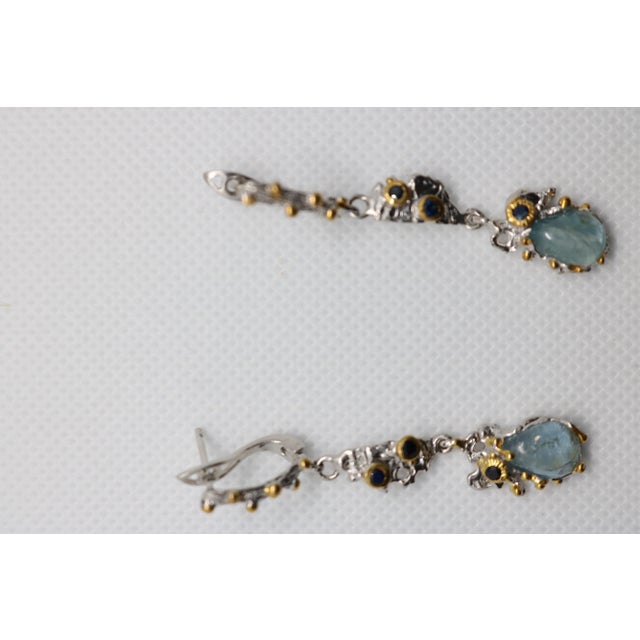 1980s Brutalist Sterling Silver, Aquamarine,Sapphire & Vermeil Earrings - 2 Pieces For Sale - Image 12 of 12