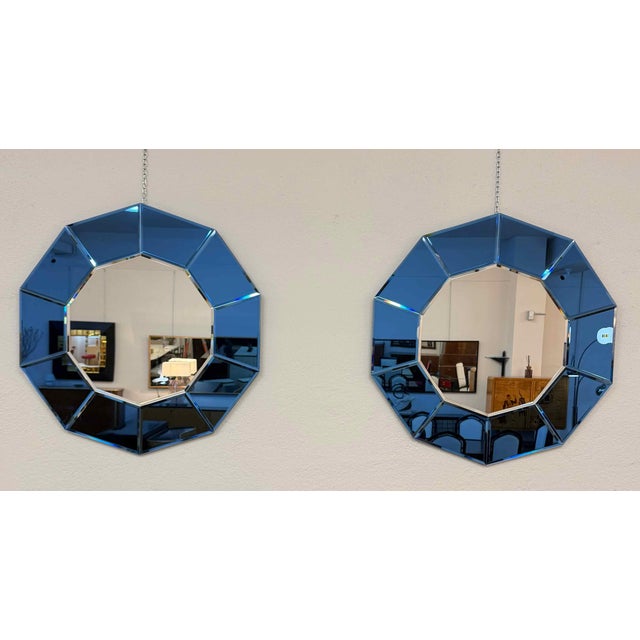 Italian Blue Mirrored Glass Decagonal Mirrors, 2000s, Set of 2 For Sale - Image 3 of 11