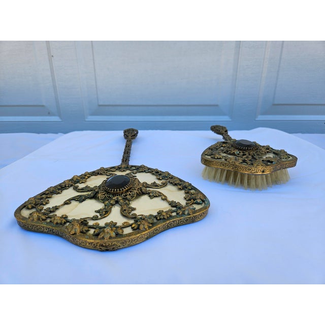 Venetian Brass Filigree Jeweled Mirror and Brush Set For Sale - Image 12 of 17