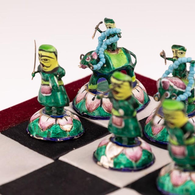 Blue Indian Silver and Enamel Chess Set with Silk and Velvet Board, Jaipur, 1950s, Set of 33 For Sale - Image 8 of 18