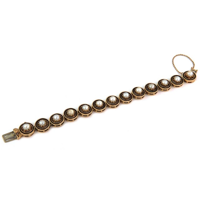 Vintage Garnet Pearls 14k Yellow Gold Round Link Bracelet For Sale - Image 4 of 5