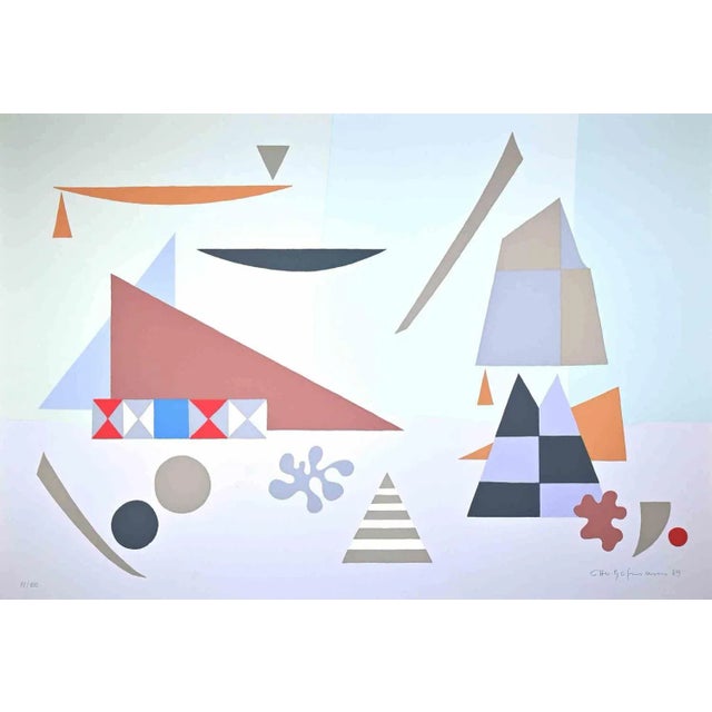 Abstract composition is a contemporary artwork realized by Otto Hofmann in 1989. Mixed-colored screen print. Hand-signed...