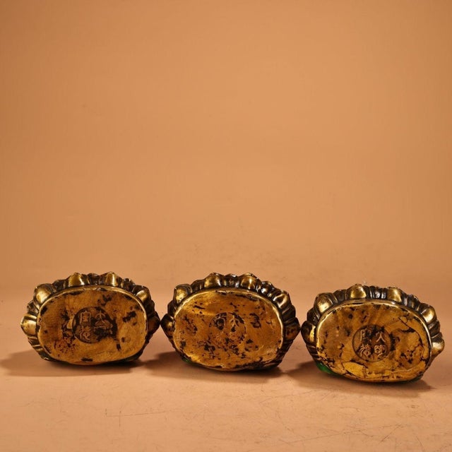 Blue Set of 3 Antique Chinese Gilt Cloisonné Buddhist Triad Statues For Sale - Image 8 of 9