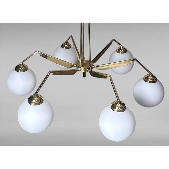 Mid 20th Century Mid 20th Century Stilnovo Style Italian Brass Six-Light Chandelier With Opaline Glass Globes For Sale - Image 5 of 18