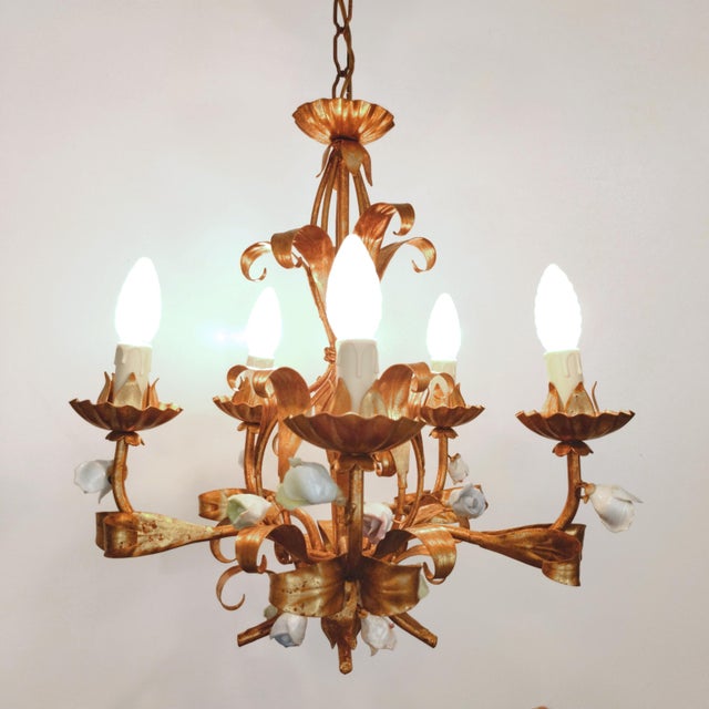 Metal Vintage Hollywood Regency Florentine Five-Arm Metal Chandelier with Porcelain Flowers, 1970s For Sale - Image 7 of 18
