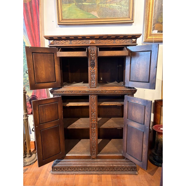 Early 20th Century Hand-Carved Gothic Revival Two-Tiered Cabinet With Iron Hardware For Sale - Image 11 of 16