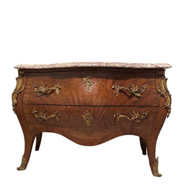 Louis XV Style Ormolu-Mounted Bombé Commode with Marble Top, 1950s For Sale - Image 6 of 6