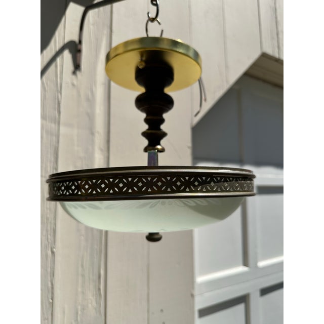 Metal Vintage Flush Mount Fixture With Vintage Glass Shade For Sale - Image 7 of 9