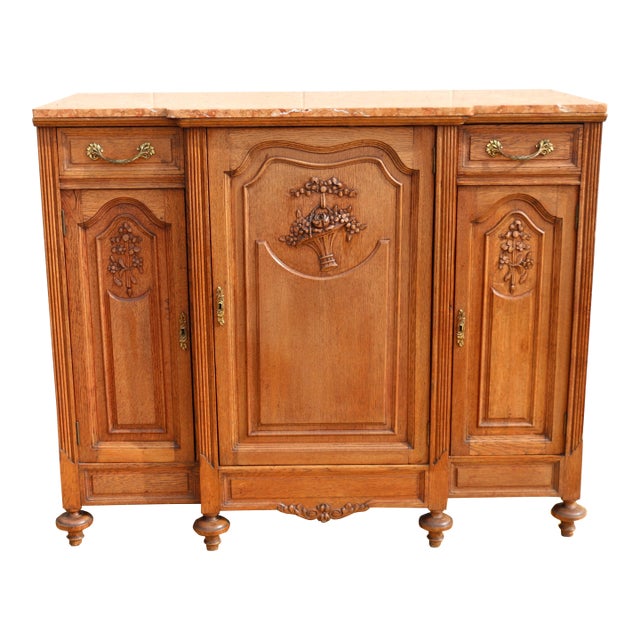 Antique French Provincial Louis XV Carved Oak Marble Top Sideboard For Sale