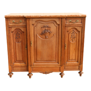Antique French Provincial Louis XV Carved Oak Marble Top Sideboard