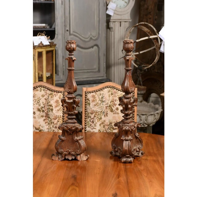 Baroque Italian 17th Century Baroque Period Altar Candlesticks with Carved Décor - A Pair For Sale - Image 3 of 12