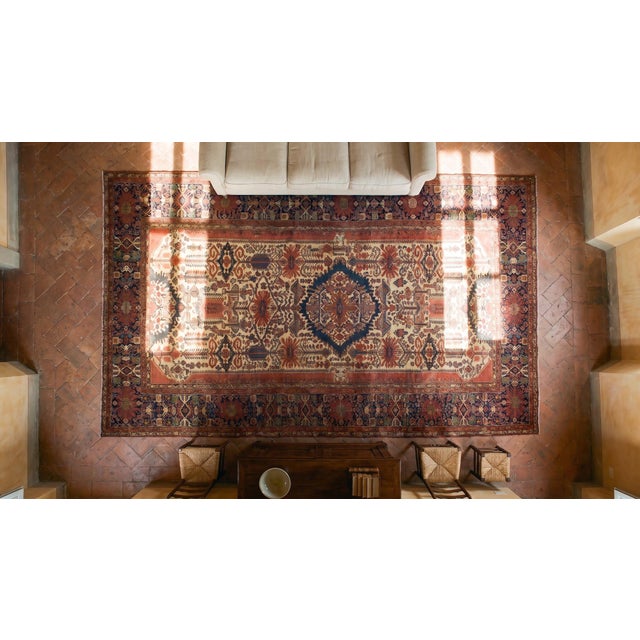 Textile 1850s Ivory Medallion Antique Persian Farahan Rug 7'10" X 16'8" Handknotted Wool Carpet For Sale - Image 7 of 9