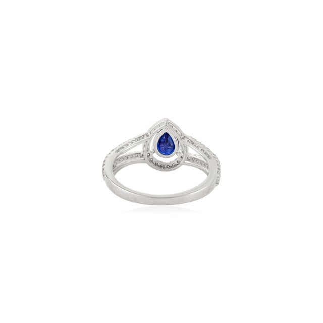 Blue 14k White Gold Sapphire Diamond Pear Engagement Ring Size 5.5 For Sale - Image 8 of 12