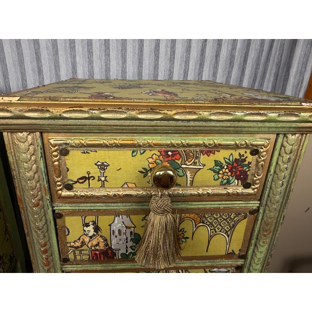 Early 20th Century Venetian Style Chartreuse Chinoiserie Cabinets / Nightstands - A Pair For Sale - Image 10 of 16
