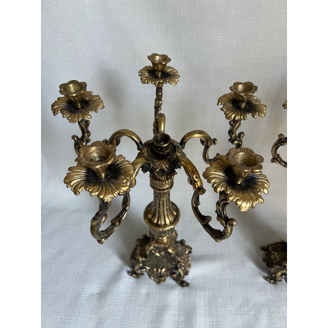 Metal Pair of Antique Ornate French Rococo 5-Arm Brass Candelabras For Sale - Image 7 of 12