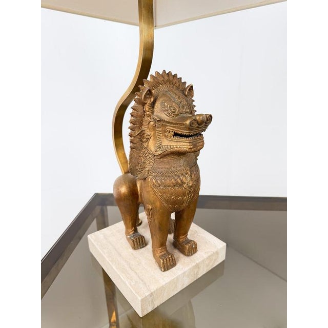 Thai Singha Lion Foo Dog Table Lamp in Gilt Bronze, Brass and Travertine, 1970s For Sale - Image 12 of 18