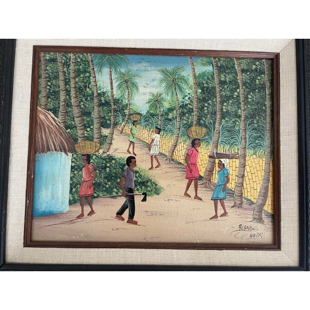 1980s Vintage Oil on Canvas Haitian Painting, Framed For Sale - Image 4 of 7