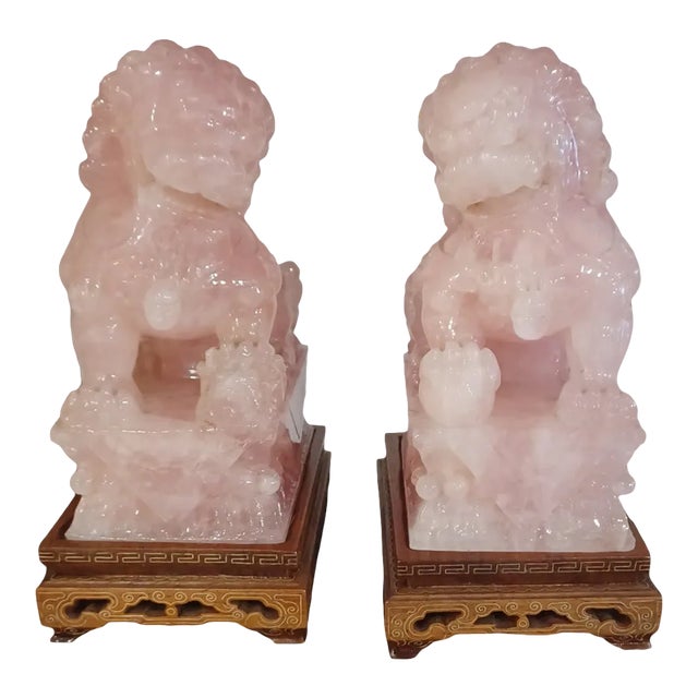 Vintage Pair of Rose Quartz Foo Dogs on Wooden Stand For Sale