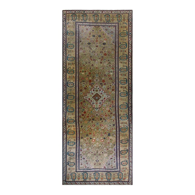 1870s Tan Camel Medallion Antique Caucasian Shusha Karabagh Rug 7'2" X 18' Knotted Wool Carpet For Sale