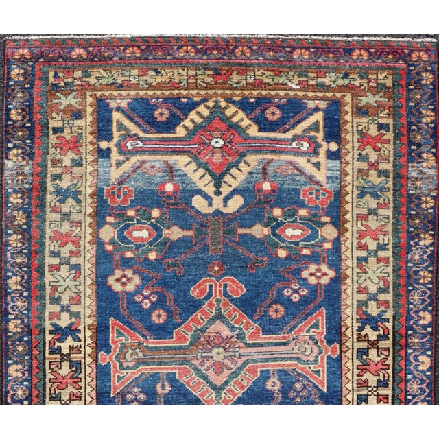 Antique Persian Hamadan Rug With Colorful Geometric Medallion on a Blue Field For Sale In Atlanta - Image 6 of 11