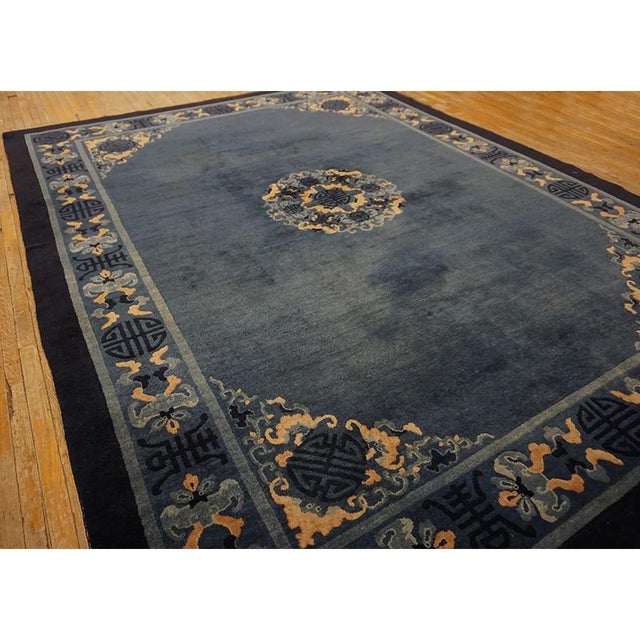 1900s Blue Traditional Shou Symbols Medallion Antique Peking Chinese Knotted Rug For Sale In New York - Image 6 of 10