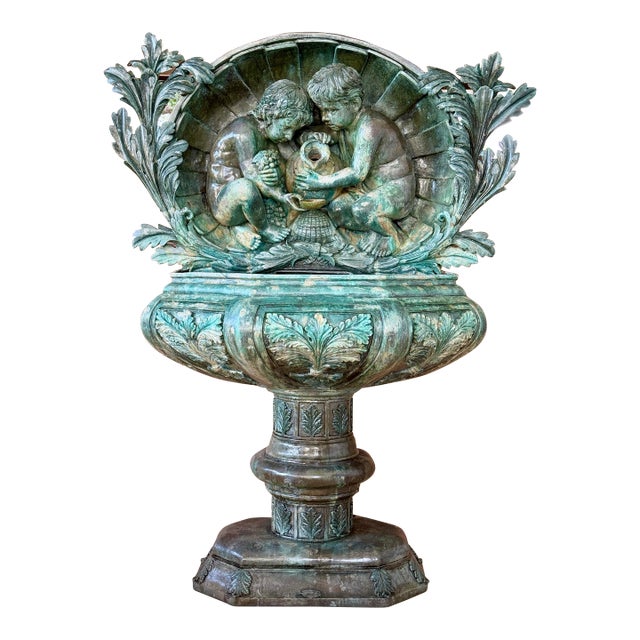 Mid-20th Century Neoclassical Revival Verdigris Patinated Cast Metal Two-Piece Fountain For Sale