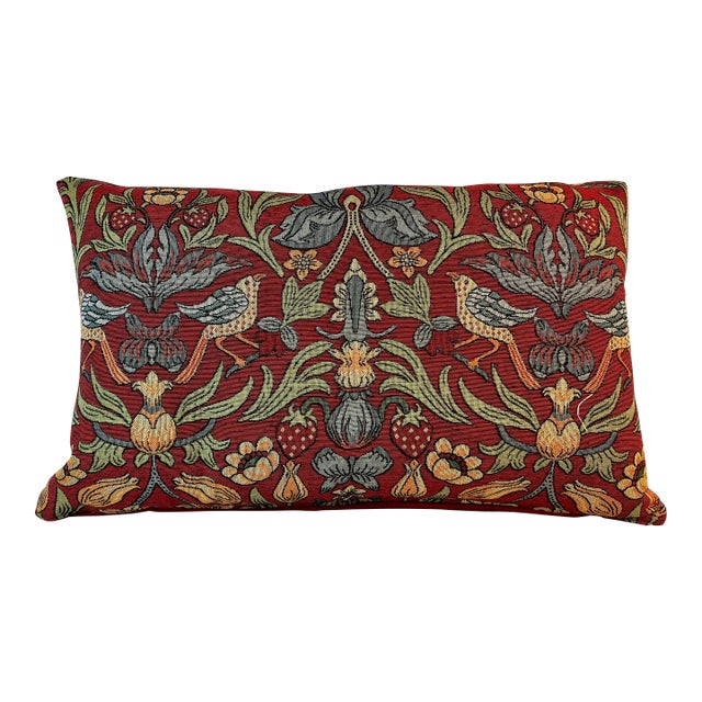 Large Bolster Pillow Decorated With a Needlepoint Look Renaissance Floral Pattern With Strawberries and Birds on a Rich Red Background - Made in U K For Sale