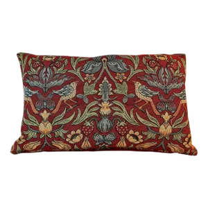 Large Bolster Pillow Decorated With a Needlepoint Look Renaissance Floral Pattern With Strawberries and Birds on a Rich Red Background - Made in U K