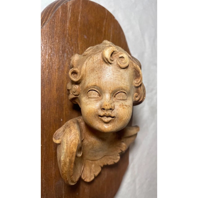 Antique Hand Carved Wood Winged Cherub Sculpture Wall Plaque Figure Bust Art For Sale - Image 4 of 12