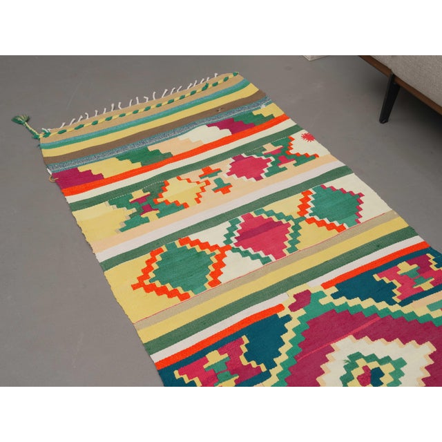 1970s Vintage Handmade Wool Cotton Pink Green Runner Rug For Sale - Image 9 of 11