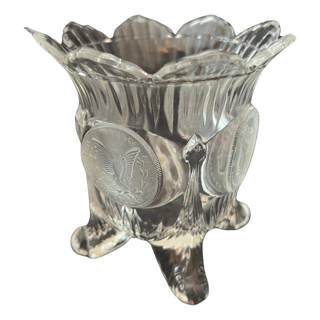 Glass Vase with Four Legs, Scalloped Top and Frosted Medallions For Sale