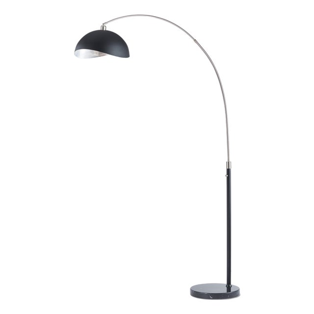 Luna Bella Arc Floor Lamp - 92", Antique Nickel, Matte Black/Silver Leaf Shade, Marble Base, Dimmer Switch For Sale