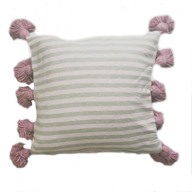 Taupe & Pink Pompom Pillow Cover For Sale - Image 4 of 4