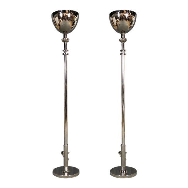 Late 20th Century Pair of Ralph Lauren Polished Nickel Layne Torchiere Floor Lamps For Sale