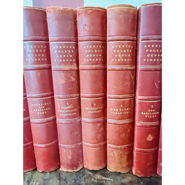 Set of Seven (7) Swedish Leather Books Svenska Folket Genom Tiderna Decorative Stack For Sale - Image 4 of 12