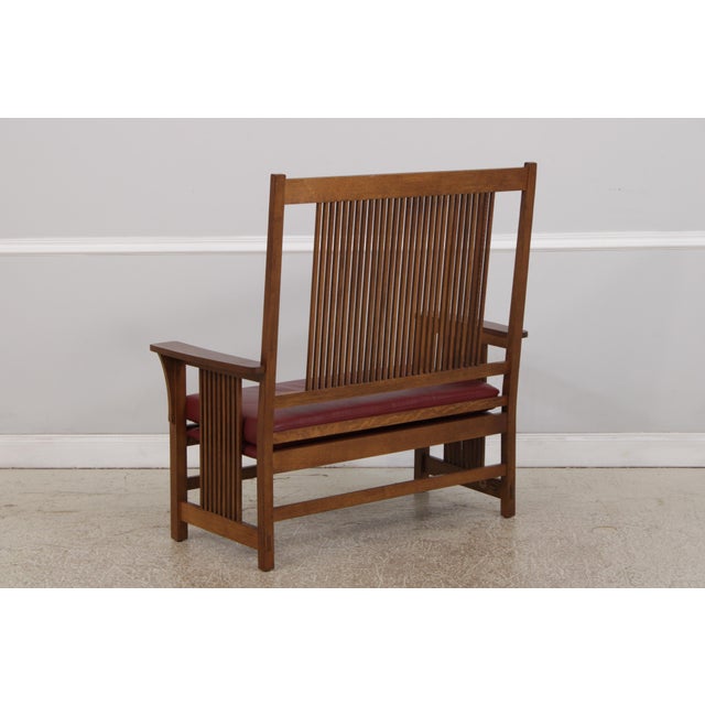 1990s Stickley Mission Oak Leather Spindle Settee For Sale - Image 5 of 18