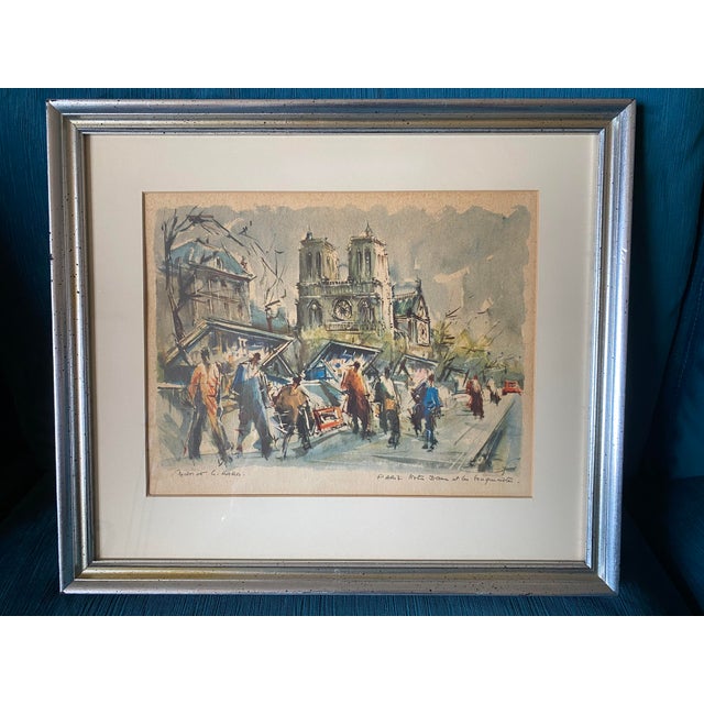 Mid-Century Watercolor Print of "Notre Dame et les Bouquinistes" by Marius Girard, Framed For Sale - Image 10 of 10
